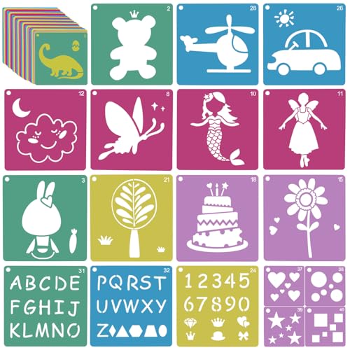 48 PCS Stencils for Kids Komezen 8 Inches Large Chalk Stencils for Crafts Reusable Geometric Letter Number Flower Themed Primary Shape Template for Kids Painting Drawing DIY Projects