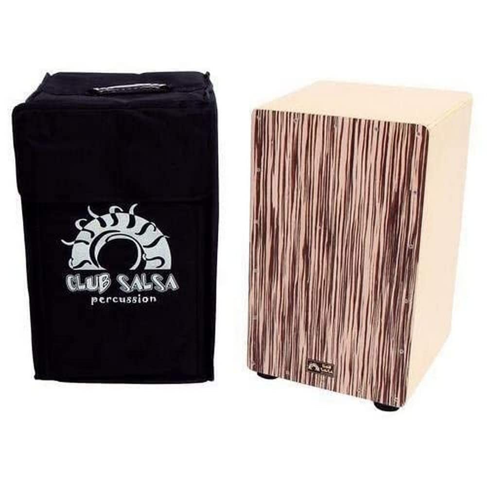 GEWA, Cajon Corps en bois véritable, naturelle, Zebrano Design, riche grâce aux cordes réglables, Avec clé d'accordage pour le réglage des cordes + housse + poignée et courroies sac à dos