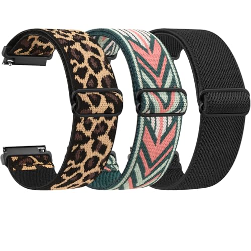Amzpas 3 Stück Elastische Uhrenarmbänder 22mm 20mm 18mm Armband, Schnellverschluss, Verstellbare Nylon Armbänder, Bequemer Sport Ersatzarmband Damen Herren (Schwarz/Grüner Pfeil/Leopard, 22mm)