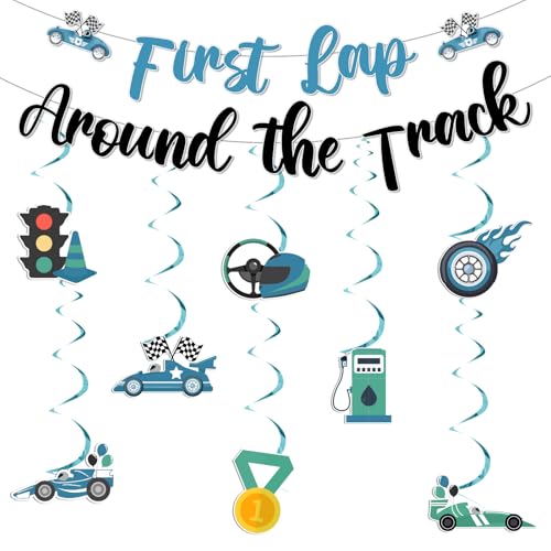 kreat4joy Fast One, decorazione di compleanno per ragazzi, primo giro intorno alla pista, decorazione di compleanno, striscione da appendere a spirale per auto da corsa, ruota calda, decorazione per