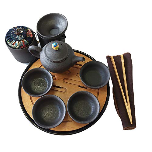 100% Handmade Portable Travel Tea Set Chinese Tea Set Kung Fu Tea Set Porcelain Teapot & Teacups & Bamboo Tea Tray & Tea Mat with a Portable Travel Bag (Black)