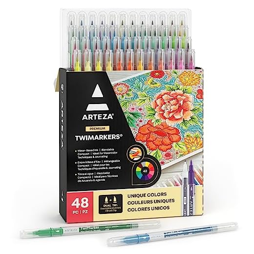 ARTEZA TwiMarker Rotuladores lettering de doble punta | Set de 48 colores | Rotuladores punta pincel y punta fina de 0,4 mm