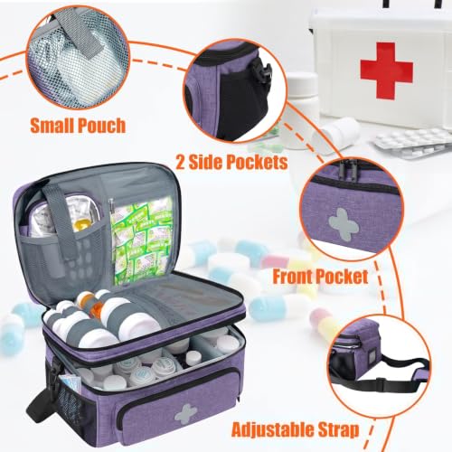 Image of GDNasist Medicine Storage Bag, Medical Bag Pill Bottle Organizer Empty | Medication Travel Carrying Bag for Emergency with Small Portable Pouch, First Aid Box for Travel and Home Storage, Purple