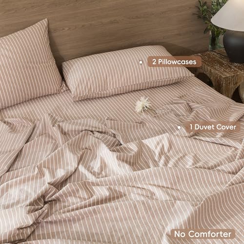 Image of MooMee Striped Duvet Cover Set 100% Washed Cotton Linen Like Super Queen | Relaxed Linen-like Texture. Soft, Breathable & Long-lasting Comfort. Lightweight. Hidden Zipper with 8 Interior Corner Ties