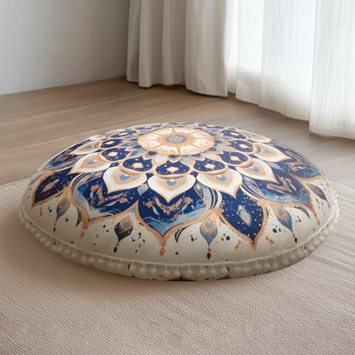 dawnyield cuscino per meditazione rotondi, cuscino da pavimento con fodera rimovibile e lavabile, 80 cm grande cuscino yoga ergonomico con decorazioni pompon, uso interno/esterno, blu navy