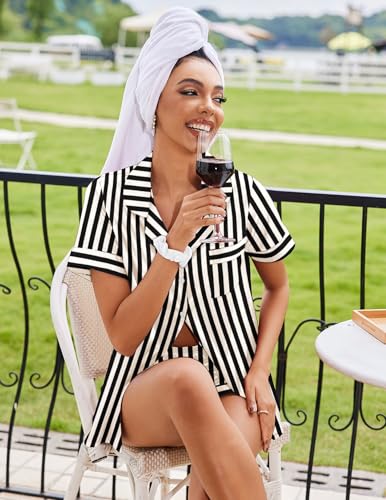 Image of Ekouaer Silk Pajamas for Women Button Down Sleepwear 2 Piece Pjs Shorts Set | Classic Short Sleeve Notch Neck Lounge Set with Pockets,Soft Cute Pj Set,Bridal Gifts,Pajama Party,Maternity Outfits