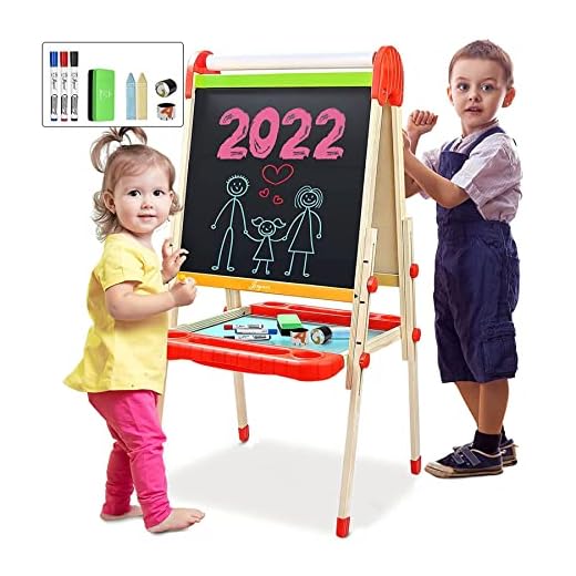 Joyooss Kids Wooden Art Easel with Paper Roll -Double Sided Whiteboard & Chalkboard Children Easel -Adjustable Height Magnetic Dry Easel Drawing Easel Board with Bonus Kids Art Supplies for Boys Girls