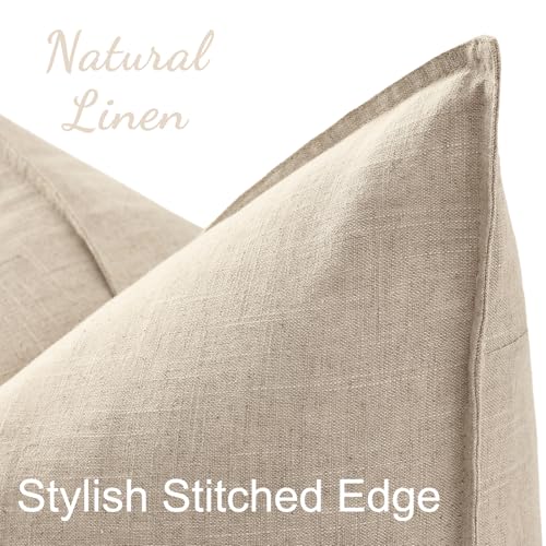 Image of decorUhome Decorative Linen Throw Pillow Covers 16x16 Inch Set of 2 Natural Beige Pillow Covers with Flange Edges Soft Farmhouse Boho Accent Pillow Cases for Couch Bed Living Room