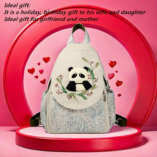 Image of Small Canvas Backpack, Retro Boho Washed Hippie for Women Daily Commute (Panda Decorations)