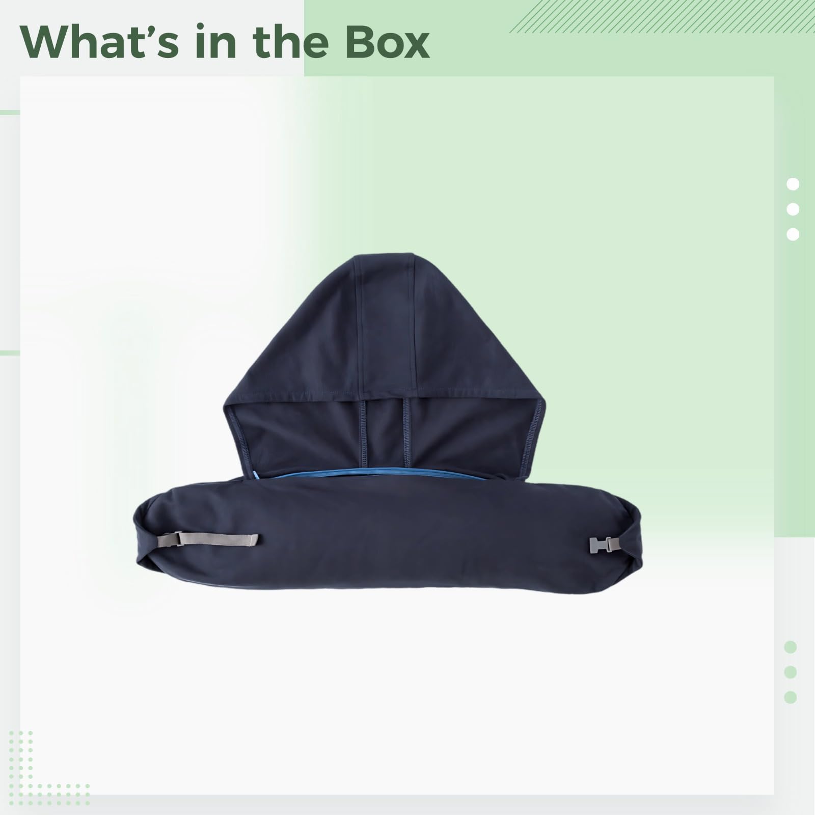 Almohada de cuello de viaje rellenable azul marino con capucha, bolsa compacta, cómoda para viajar