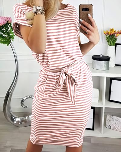 Image of PRETTYGARDEN Women's Summer Short Sleeve Crewneck Striped Dress Basic Solid Tie Waist Office T Shirt Dresses Pockets