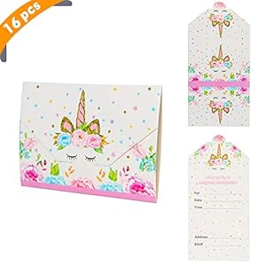 Yiran Unicorn Girls Party Uitnodigingen – Roze en Gouden Enveloppen Stijl Klaar om te schrijven (Pack 16)