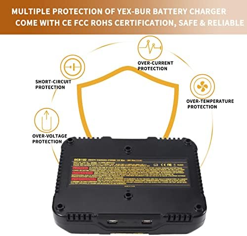 DCB102 Battery Charger 3.0A YEX-BUR Dual Port Charger for Dewalt 18V 20V Li-ion Battery DCB183 DCB184 DCB204 DCB203 DCB206-2 Fast Charging with 2 USB Ports 5V 2.1A Replace DCB102BP DCB112 DCB115