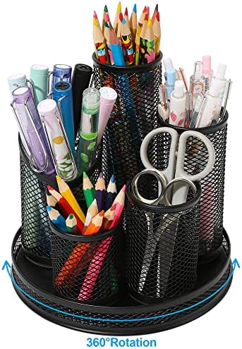 SONKERG Pen Holder for Desk Cute, 360° Rotating 5 Grid Pencil Holder, Home Office Pencil Cup, Multi-Functional Mesh Desk Organizer, Black