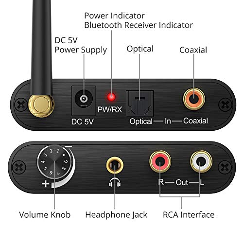 Neoteck DAC Convertitore 192Khz con Ricevitore Bluetooth 5.0 Controllo Volume - Digitale SPDIF Coaxial Toslink ad Analogico Stereo L/R RCA 3.5mm Jack Audio con USB Cavo Ottico per PS3 DVD PS4 Sky