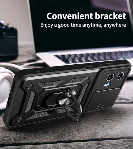Image of SPAZY CASE Moto G35 5G Back Case | Heavy Duty Hybrid Case with 360 Degree Rotating Finger Ring Holder + Slider Shutter Camera Protection Cover for Moto G35 5G 5G - Black