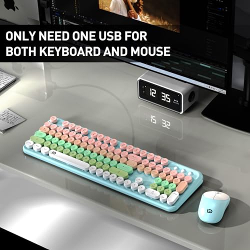 Image of Pink Green Wireless Keyboard and Mouse Combo,Cute Bubble Key,for PC Laptop | Aesthetic Round Keys,Retro Typewriter Style,Clicky Sound,2.4GHz USB Receiver,Full-Size with Number Pad for Computer Desktop