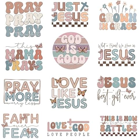 9/12Pcs,Pocket Size Jesus Vinyl Iron-on Heat Transfer Stickers, Floral Letters, God Pray Religious Themes, for DIY Clothing, T-Shirt, Mask, Jeans, Backpack (JG-13) Cover