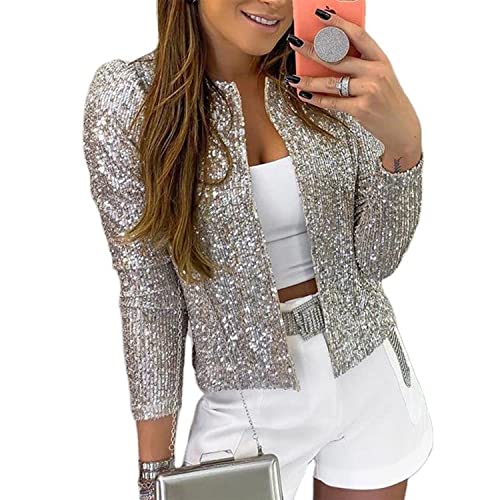 nqgsntc Women Open Front Glitter Sequin Jackets Long Sleeve Casual Short Coats Light Silver M