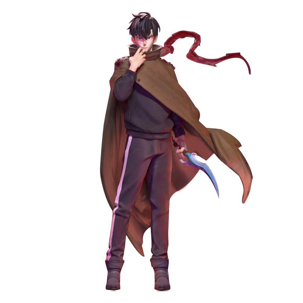 Puruuige Sung Jin Woo Figure Statue – 8.2" Dynamic Fighting-Pose Collectible with Daggers, PVC Display Model Featuring Signature Trench-Style Coat, Ideal for Desktop Décor and Gifts