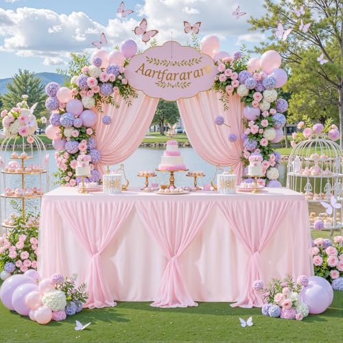 Besutolife Pink Tulle Tablecloth for Rectangle Tables 4ft 3 Sides for Wedding Birthday Party Bridal Shower White Tutu Ruffle Table Cloth Banquet Dinner Table Decorations