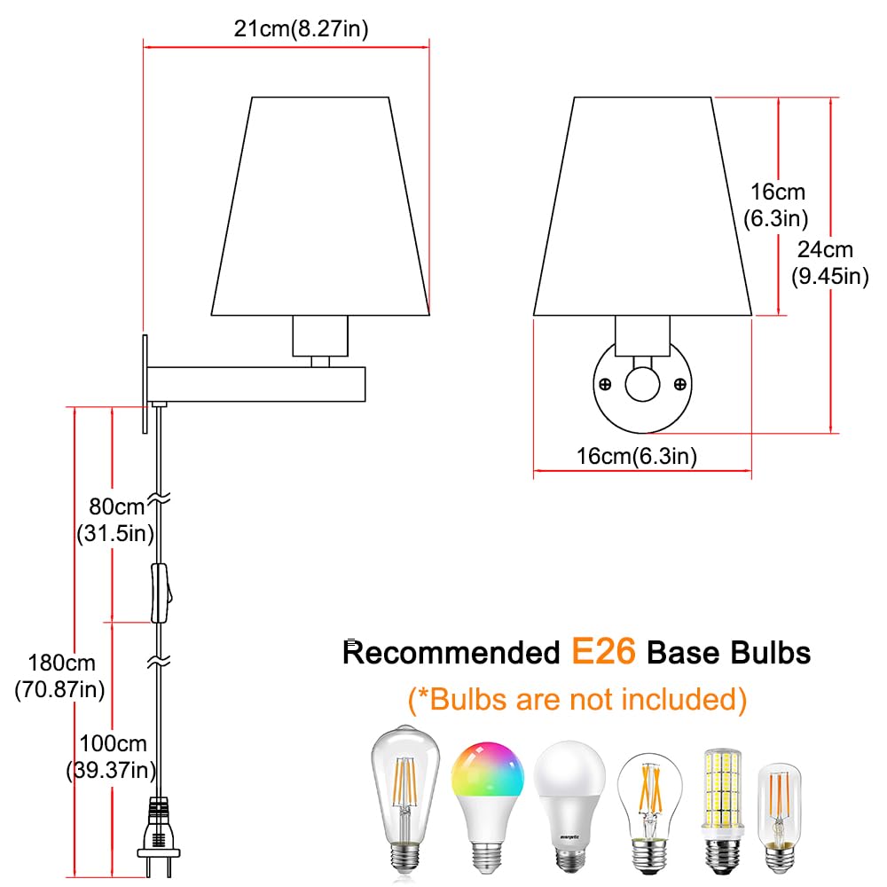Juego de dos apliques de pared negros enchufables, lámpara de pared con interruptor de encendido/apagado con cable de enchufe, lámpara de pared negra enchufable, luz de pared de cabecera con tela de 5