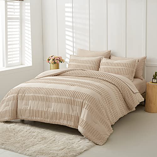 Oarage Khaki Queen Comforter Set With Sheets- Tufted Bed Set Queen 7 Pieces,Boho Shabby Chic Comforter Tufts Embroidery Bedding Set,Soft Microfiber Comforter For All Seasons #TOP7
