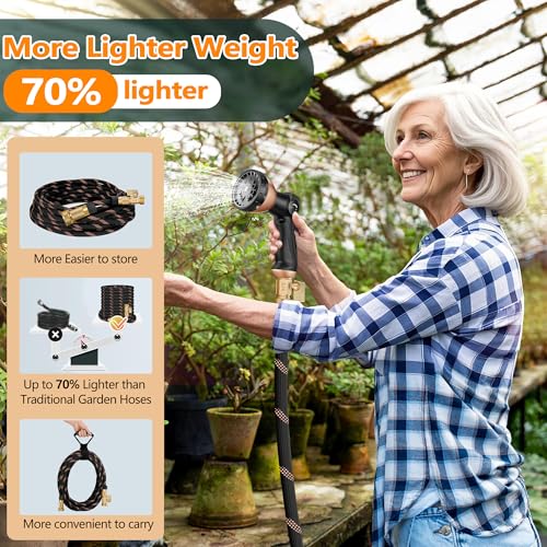 100FT Garden Hose w/10 Function Spray Nozzle, 2026 Ultra Lightweight Water Hoses, 3/4" Brass Connectors- Durable, Lightweight & Flexible Water Pipe for Outdoor & Gardening(Black Rose gold) - Image 3
