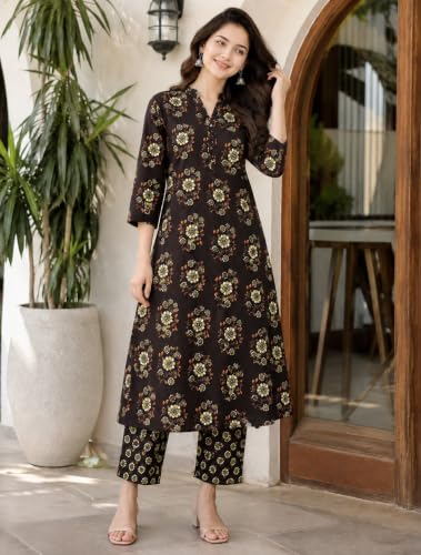 Image of CREATION & YOU Women's Pure Cotton Floral Printed Kurta with Palazzo Pants | Ethnic Set | Kurti Set for Women | Cotton Cord Set for Women