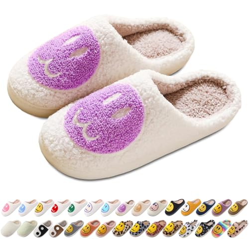 Image of Women's Men's Preppy Happy Face Slippers Comfy Warm Plush Slip-On House Slipper for Winter Indoor Soft Cushion Non-slip Fluffy Slides Slippers