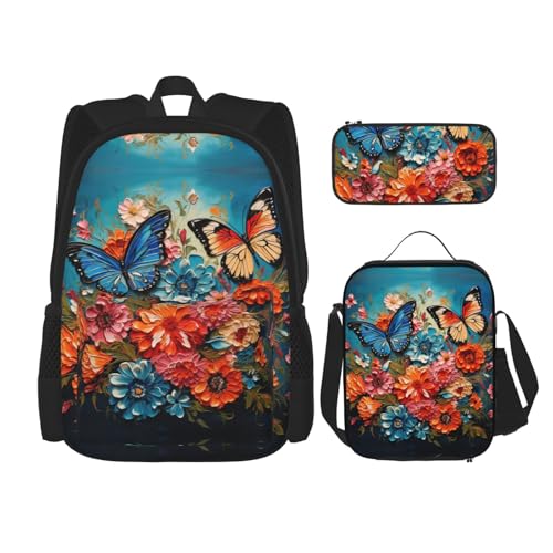 nanger Flowers And Butterfly Print 3-Piece Set Backpack, Lunch Bag And Pencil Case, For Travel, College, And Daily Use