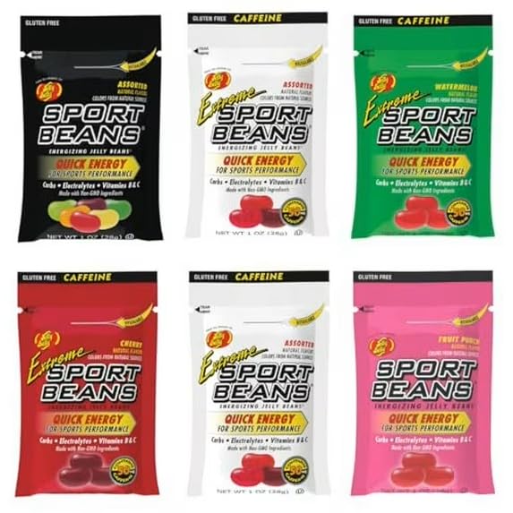 Jelly Bean Sport Beans Variety | 6 pack 1oz bags | Contains Carbs, Electrolytes, Vitamin B & C | FLAVORS Fruit Punch, Assorted, Extreme Cherry, Assorted & Extreme Watermelon Energy Beans