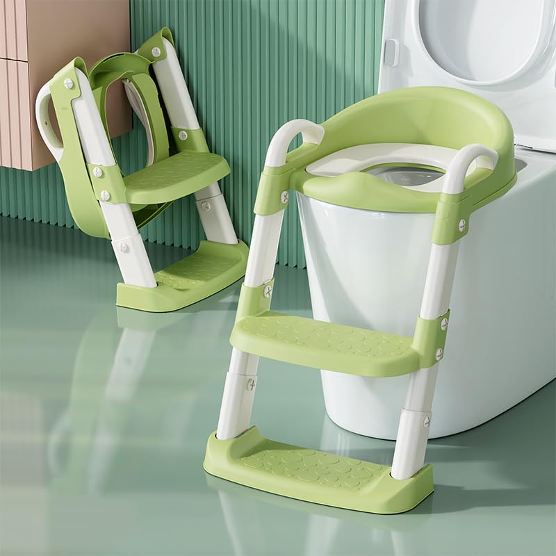 Image of Potty Training Seat Toilet Seat for Toddler Potty Chair with Step Stool Ladder Collapsible Anti-Slip Foldable Toilet Training Seat with Adjustable Step Stool for Kids Boys and Girls Green