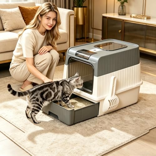 Arenero grande para gatos con puerta sellada y pala miniatura 5