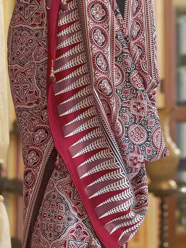 Image of SAREE MALL Women's Ajrkh Print Satin Crepe Polka Dot Printed Saree With Unstitched Blouse Piece