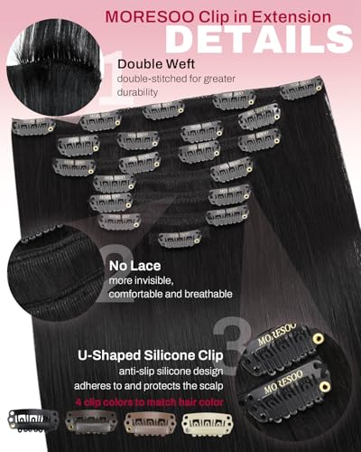 Image of Moresoo Black Clip in Hair Extensions Human Hair for Women 18 inch | Human hair clip in extensions, natural black, 120g 7pcs, remy human hair, straight texture, soft daily volume