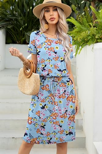 Image of levaca Womens Summer Casual Dress Belly Drawstring Beach Coverup Short Sleeve 2025 Outfit Midi Sundress with Pockets