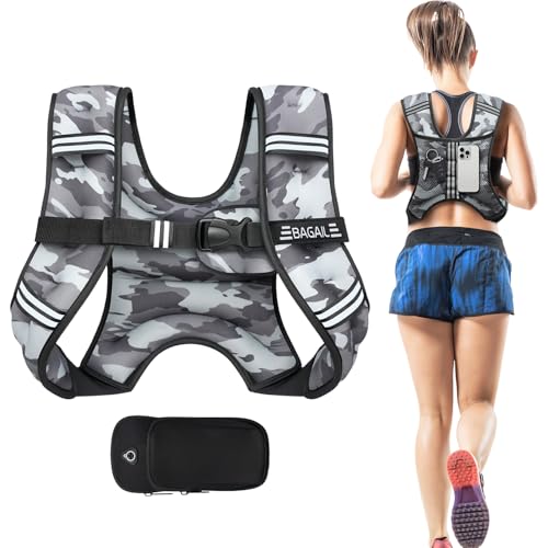 BAGAIL Weighted Vest, 5lbs/8lbs/10lbs/12lbs/15lbs/20lbs/25lbs/30lbs Weight Vest with Detachable Phone Pouch, Rucking Vest for Women, Men, Walking, Weight Loss, Training, Running