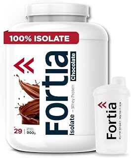 FORTIA Whey Protein Isolate 100% 36g/dosis + Shaker – Proteina Isolada de Suero Premium Hecha en España | Proteína Alta en BCAA, Leucina y Glutamina | Mejora Masa Muscular | Chocolate 900g