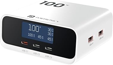 Portronics 100W Adapto 100D Fast Charging 5 Port Adaptor with LCD Power Display, 3 Type C PD Port, 2 USB-A Mach Port, Fast