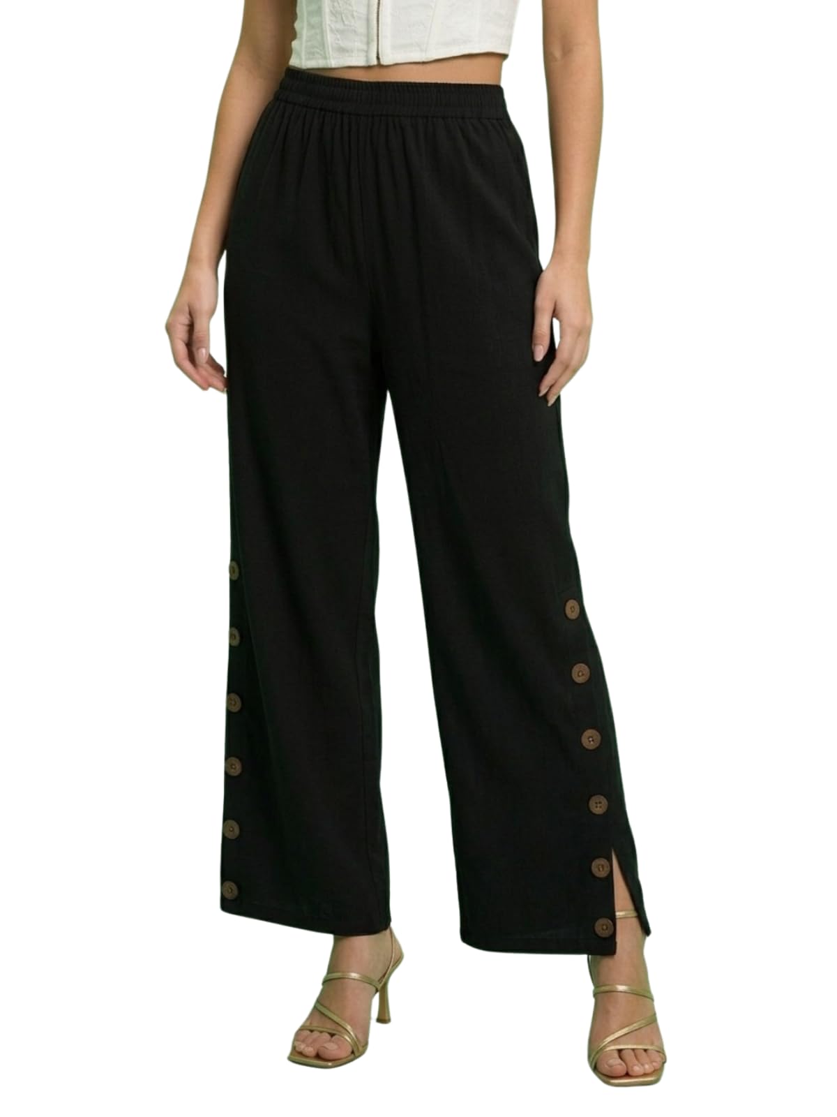 greciilooks Trousers for Women | Wide Leg Cotton Pants with Button Slit | Elastic Waist Casual Womens Trouser | Comfortable Summer Woman Trouser Pants-picture-44