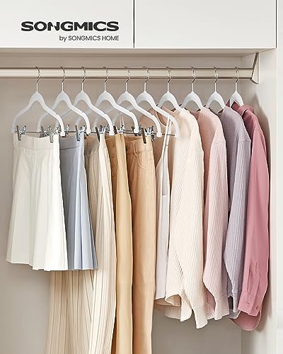 Image of SONGMICS Set of 10 Velvet Trouser Hangers with Adjustable Clips | Non-Slip, Space-Saving, 42.5 cm Long, for Skirts, Coats, Dresses, White, Hangers, Trouser Hanger CRF012W10