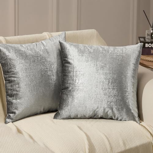 Phantoscope Pack of 2 Sparkling Velvet Decorative Solid Throw Decorative Pillow Cover Soft Silver Glitter Square Cushion Cover Pillowcase for Couch Bed and Chair Gray 18 x 18 inches 45 x 45 cm