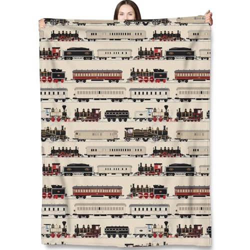 Turamurra Vintage Train Throw Blanket Gifts for Adults Kids Steam Locomotive Railway Blankets for Living Room Bedroom Decor Fuzzy Warm Flannel Plush 50x60
