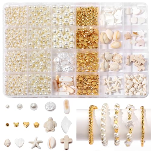1000Pcs Pearl Beads for Bracelets Making -4mm 6mm White Pearl Beads with Gold Spacer Bead & Shell Jewelry for Bracelet Necklace DIY Craft Making Kit Beach Theme Friendship Jewelry Making Kit