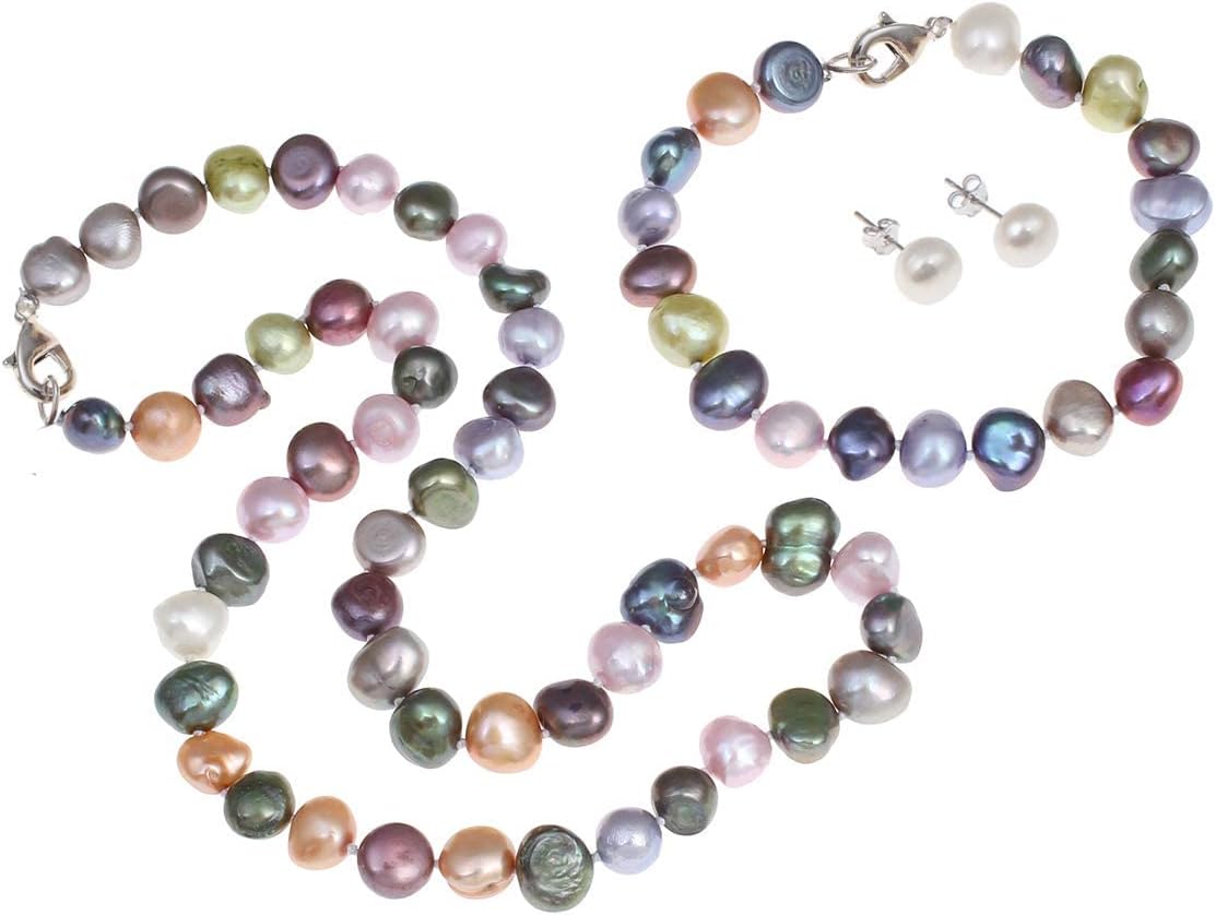 VN JewelryWomen's Pearl Necklace Set - Elegant Multicolor 8-9mm Baroque Cultured Freshwater Pearl Necklace Bracelet And Stud Earrings Pearl Jewellery Set for Women Ladies and Girls