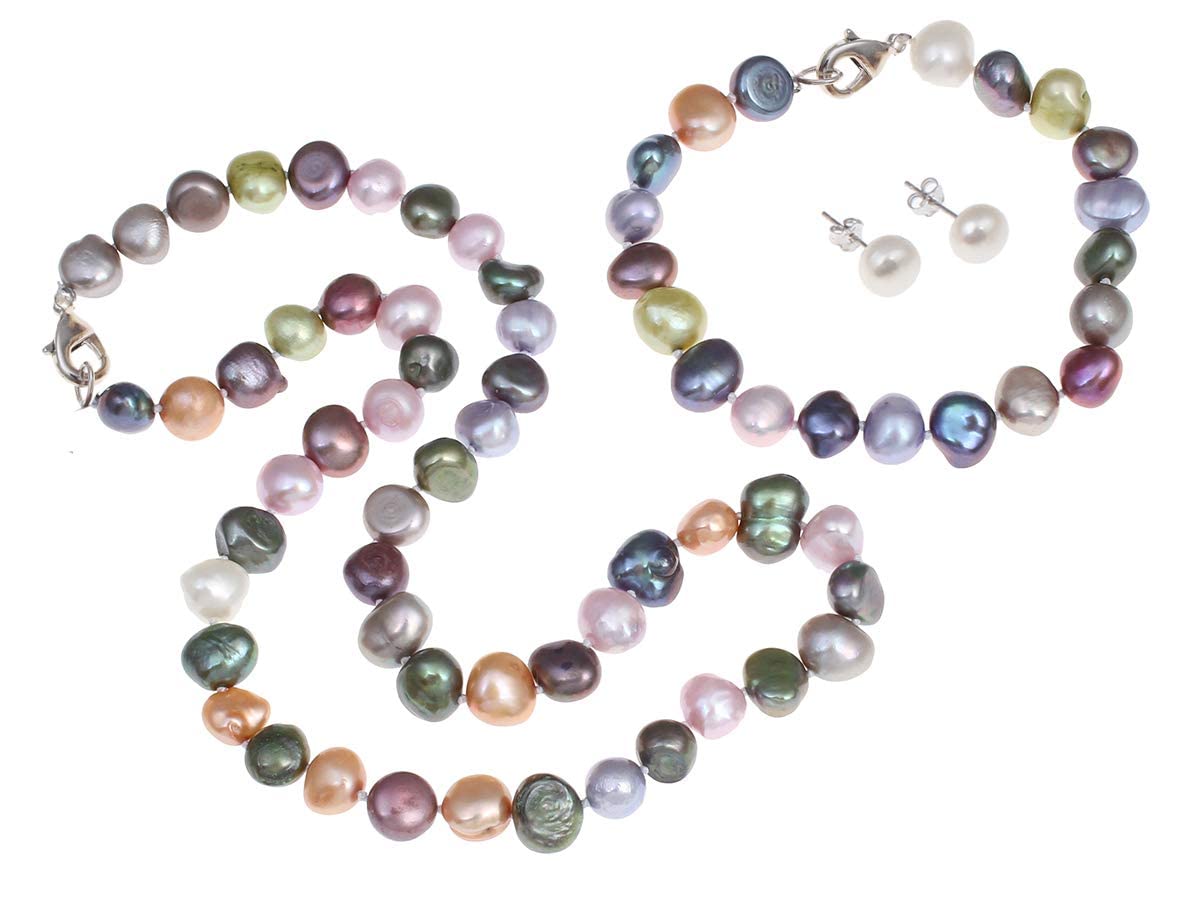 VN JewelryWomen's Pearl Necklace Set - Elegant Multicolor 8-9mm Baroque Cultured Freshwater Pearl Necklace Bracelet And Stud Earrings Pearl Jewellery Set for Women Ladies and Girls