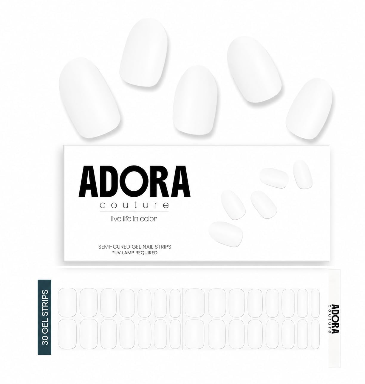 Adora Couture Semi Cured Gel Nail Strips with 30 Pieces - UV Gel Stickers, Manicure Kit, Easy Application Wraps Includes Prep Pads, Nail File, Wooden Stick - UV Light Required (WhiteW)
