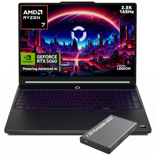 Image of Lenovo Legion 5a 2026 Gaming Laptop, Ryzen 7 250, NVIDIA GeForce RTX 5060 | 15.3 inch 2.5K WQXGA PureSight OLED Display 165Hz, 32GB DDR5 RAM, 1TB SSD, Wi-Fi 7, RGB Backlit, Win 11 Home, w /1TB Portable HDD