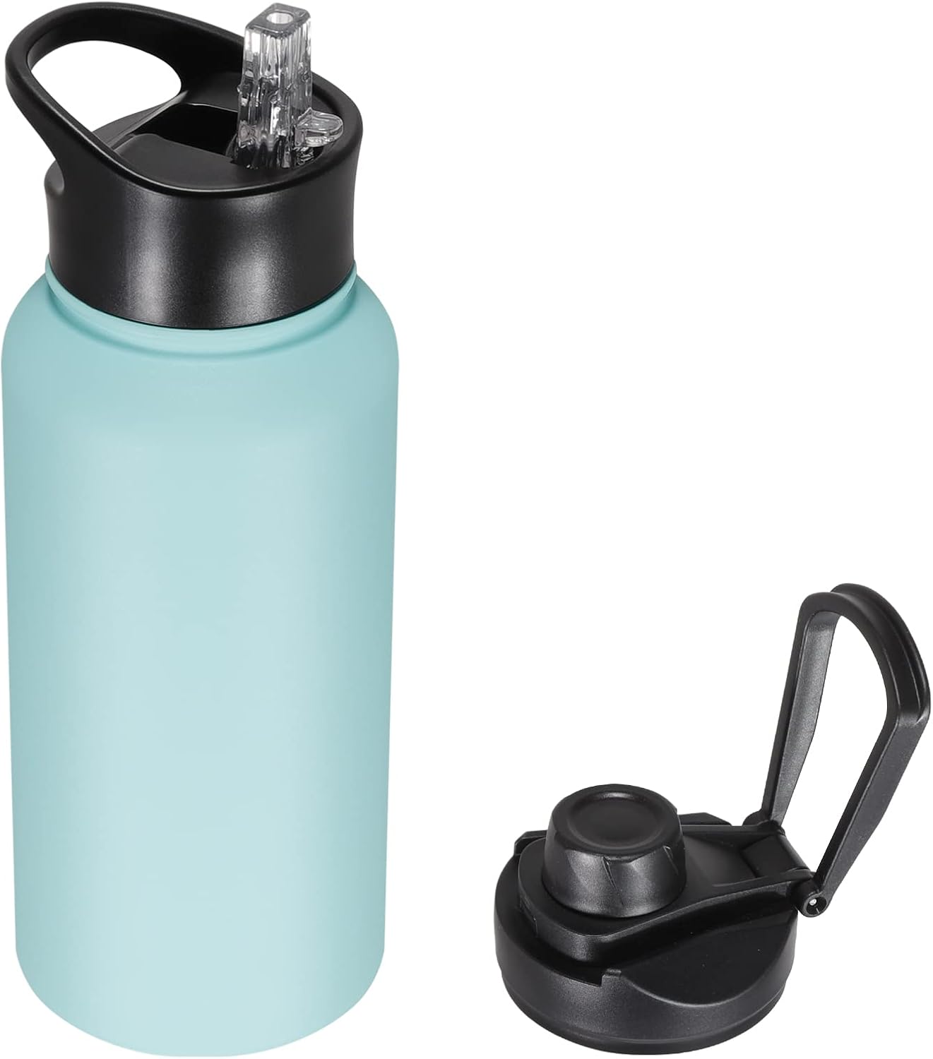 VQRRCKI 32 oz Insulated Water Bottle with Straw Lid & Wide Mouth Lids, Stainless Steel Sports Water Bottles, Double Walled Vacuum, Leak Proof, Turquoise Blue